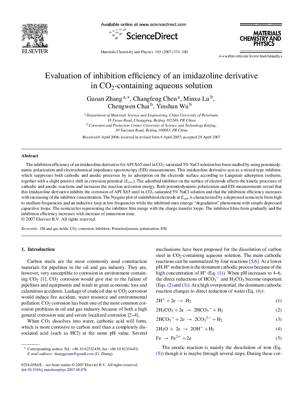 Evaluation of inhibition efficiency of an imidazoline derivative in CO2-containing aqueous solution