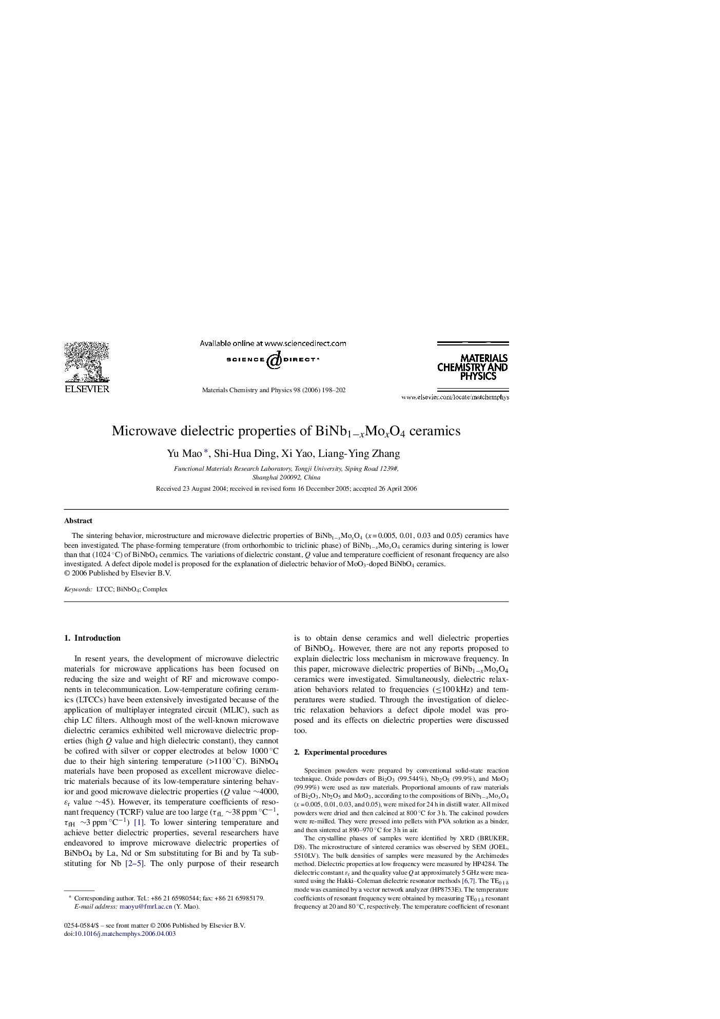 Microwave dielectric properties of BiNb1−xMoxO4 ceramics