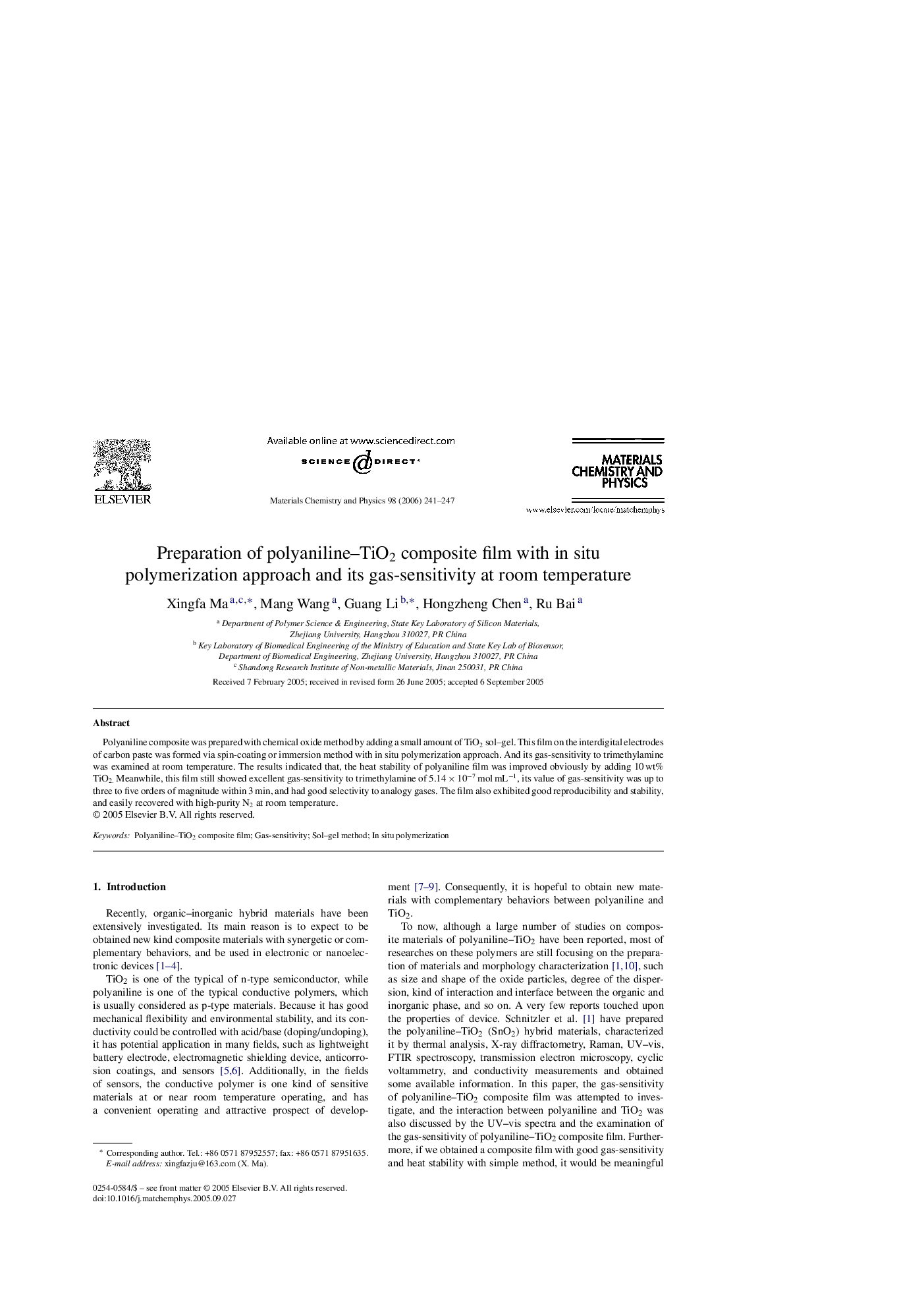 Preparation of polyaniline–TiO2 composite film with in situ polymerization approach and its gas-sensitivity at room temperature