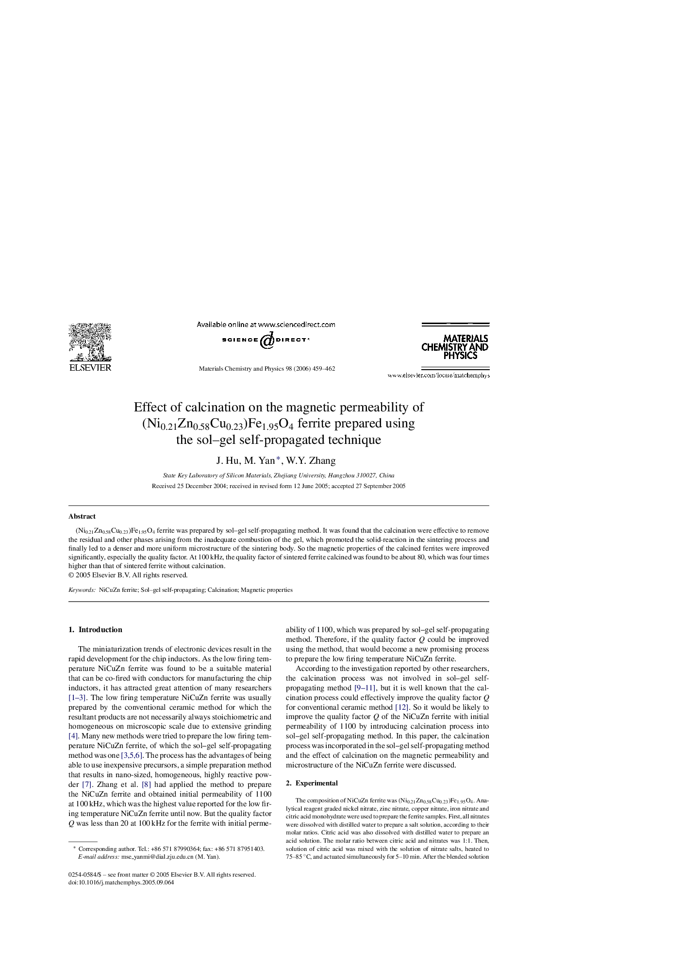 Effect of calcination on the magnetic permeability of (Ni0.21Zn0.58Cu0.23)Fe1.95O4 ferrite prepared using the sol–gel self-propagated technique