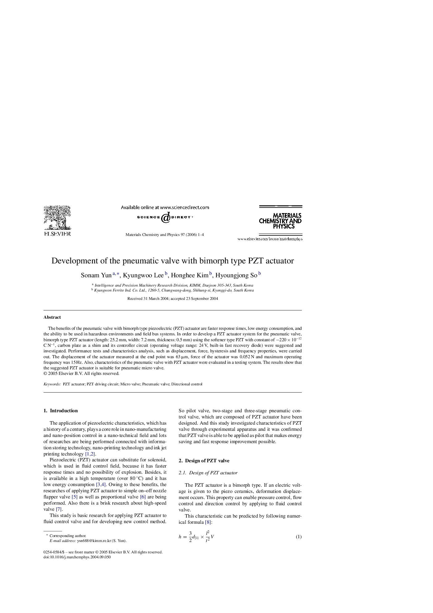 Development of the pneumatic valve with bimorph type PZT actuator