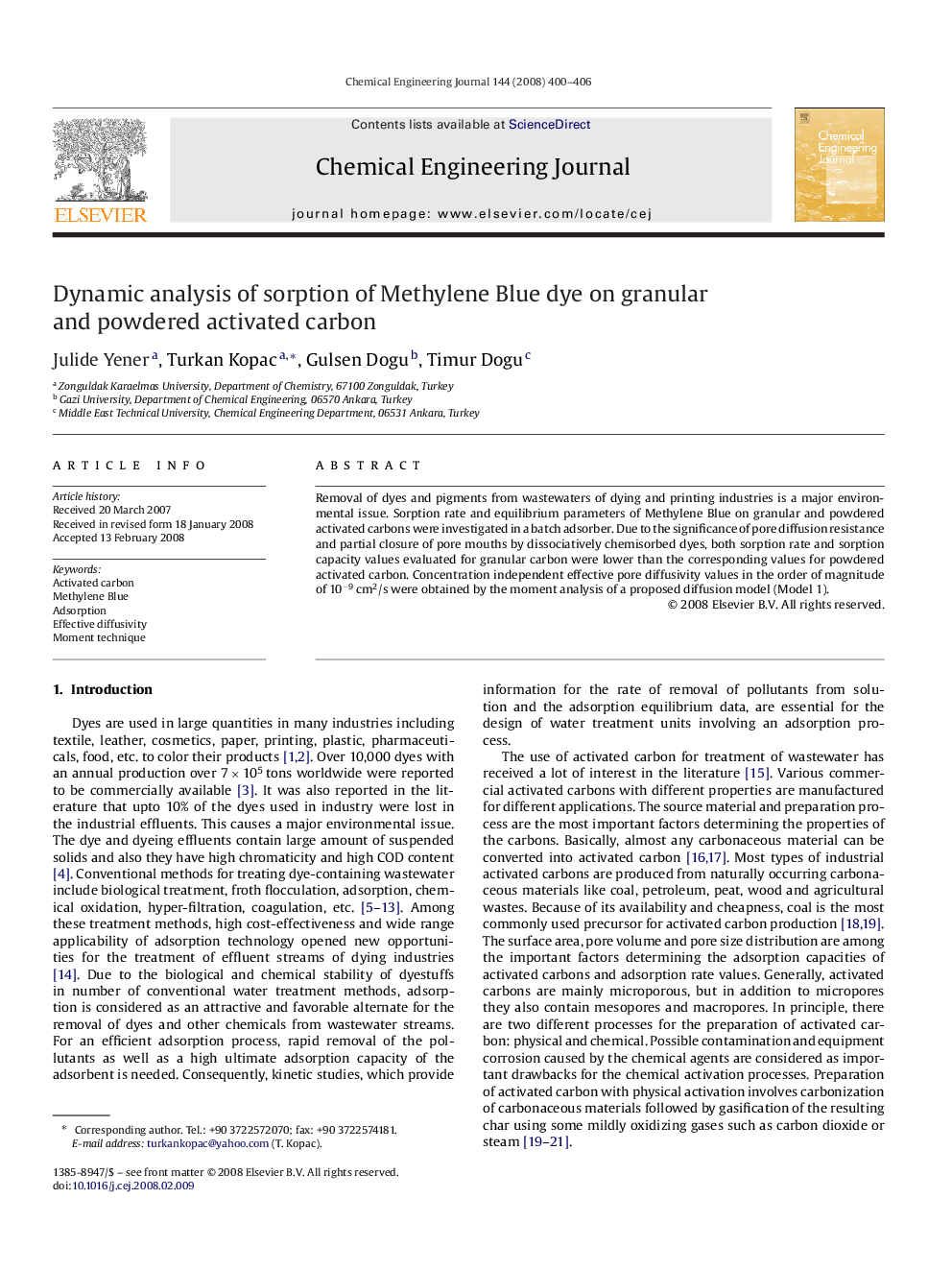 عکس صفحه اول مقاله: Dynamic analysis of sorption of Methylene Blue dye on granular and powdered activated carbon Dynamic analysis of sorption of Methylene Blue dye on granular and powdered activated carbon