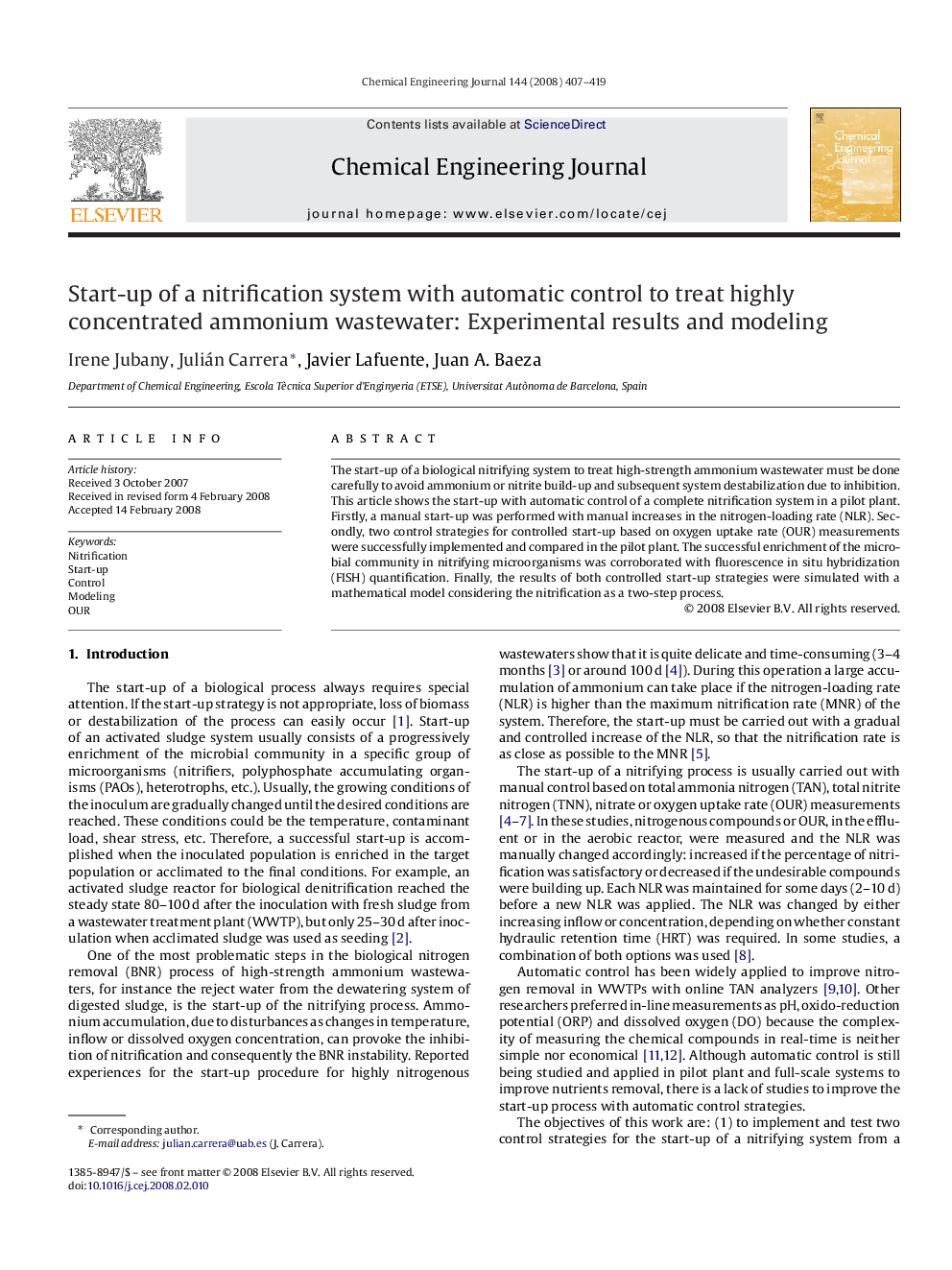 Start-up of a nitrification system with automatic control to treat highly concentrated ammonium wastewater: Experimental results and modeling