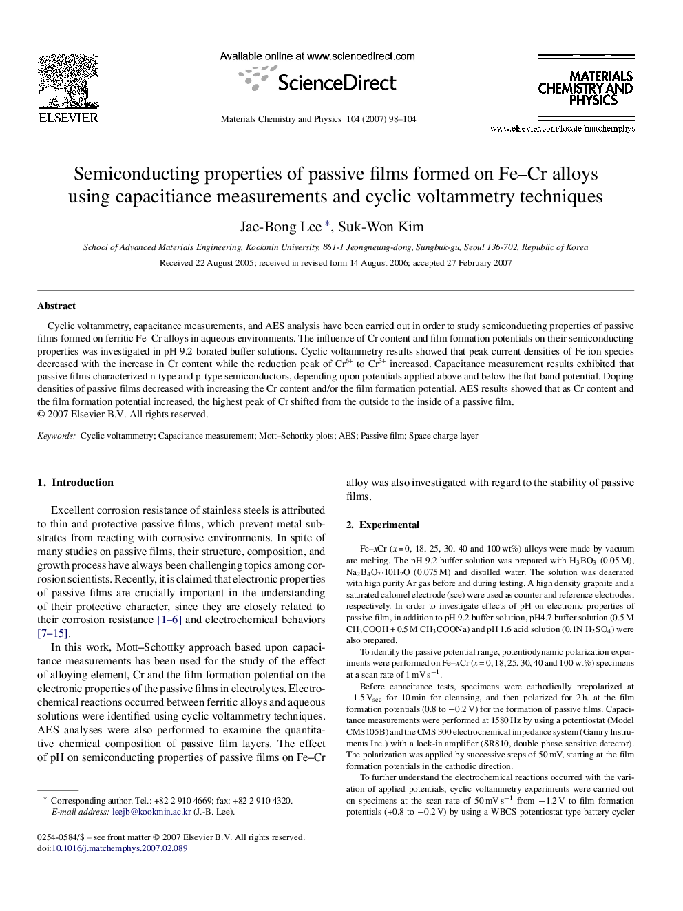 Semiconducting properties of passive films formed on Fe–Cr alloys using capacitiance measurements and cyclic voltammetry techniques