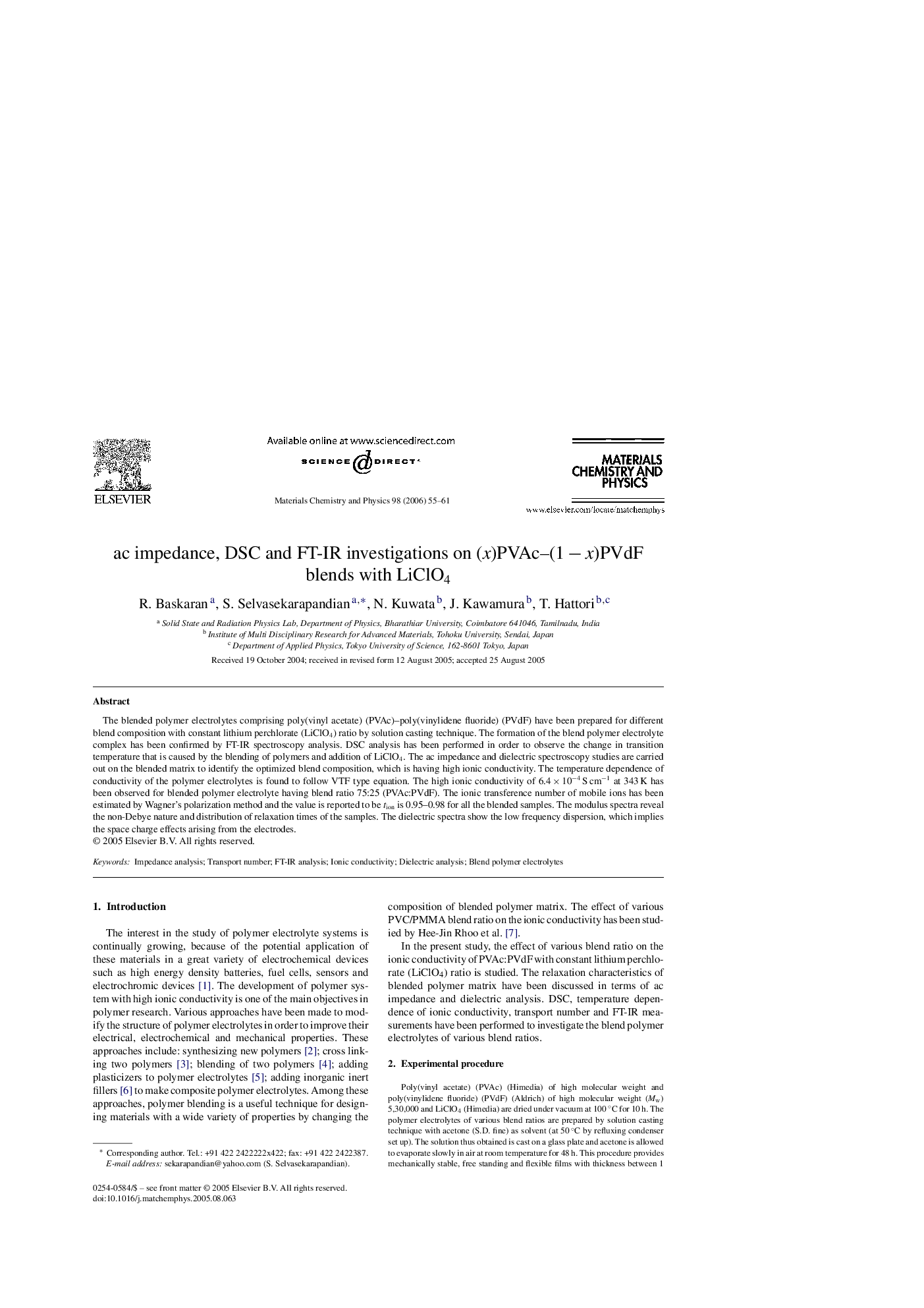 ac impedance, DSC and FT-IR investigations on (x)PVAc–(1 − x)PVdF blends with LiClO4