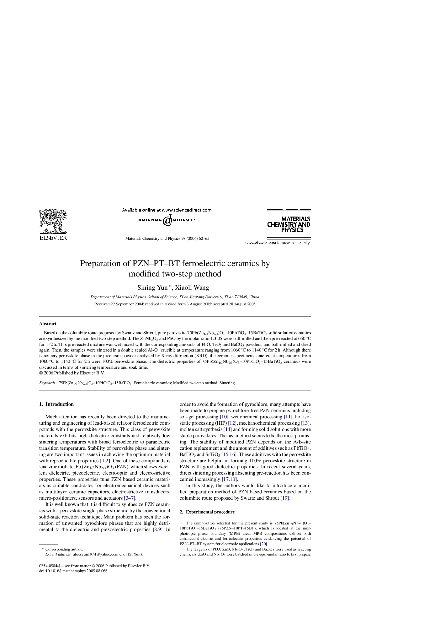 Preparation of PZN-PT-BT ferroelectric ceramics by modified two-step method