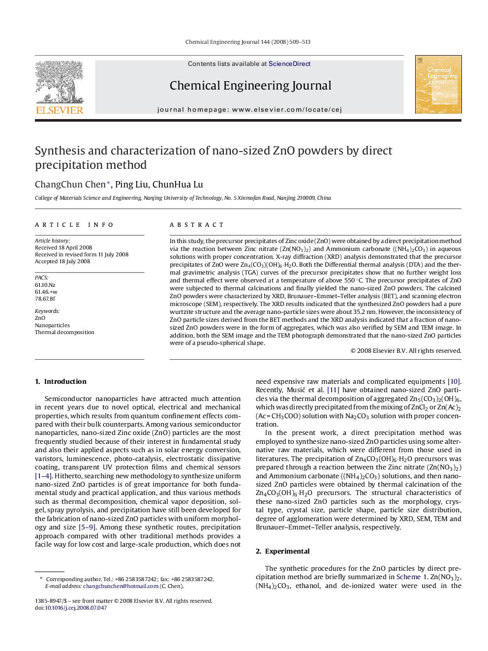 عکس صفحه اول مقاله: Synthesis and characterization of nano-sized ZnO powders by direct precipitation method Synthesis and characterization of nano-sized ZnO powders by direct precipitation method