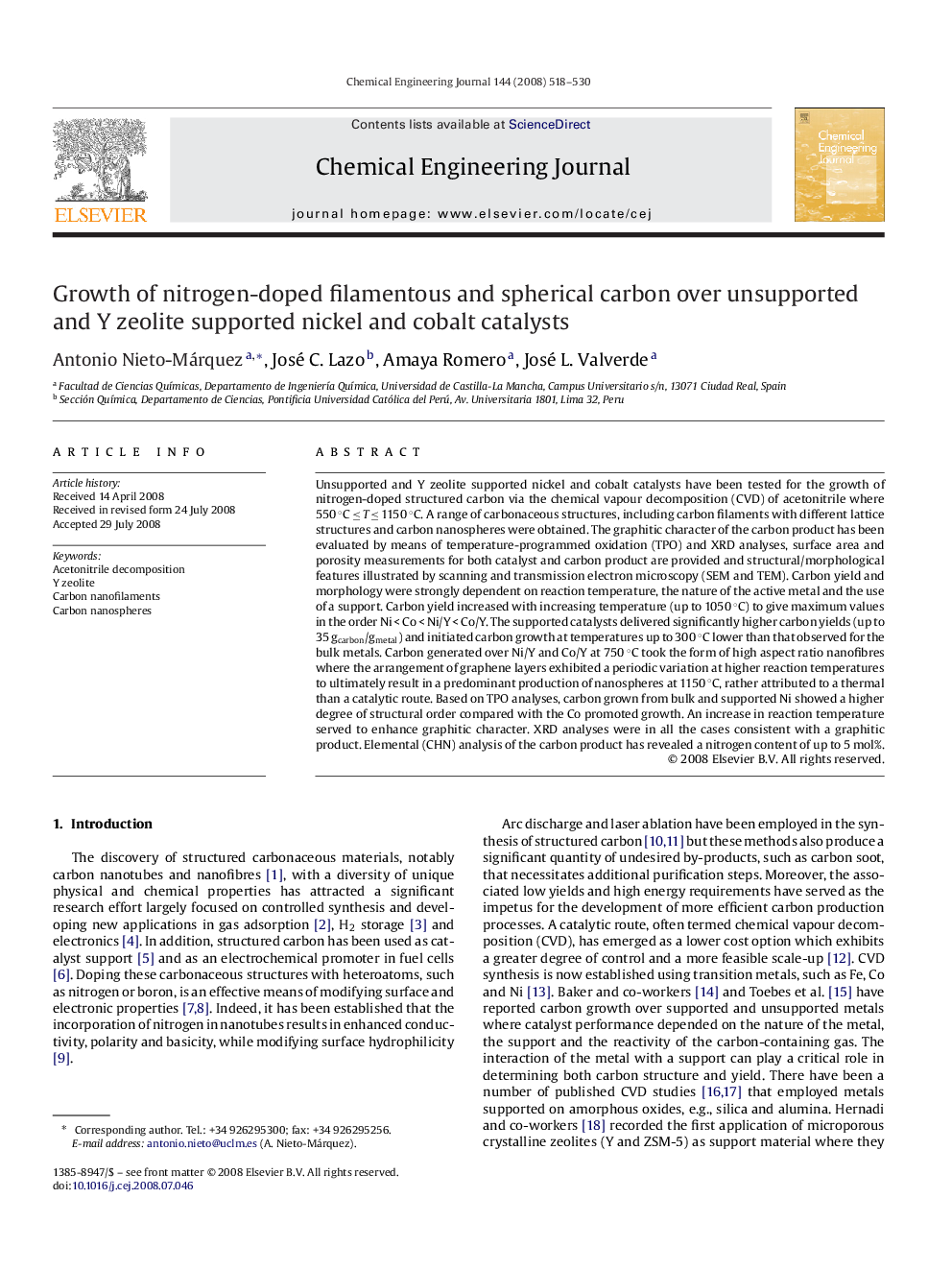 Growth of nitrogen-doped filamentous and spherical carbon over unsupported and Y zeolite supported nickel and cobalt catalysts