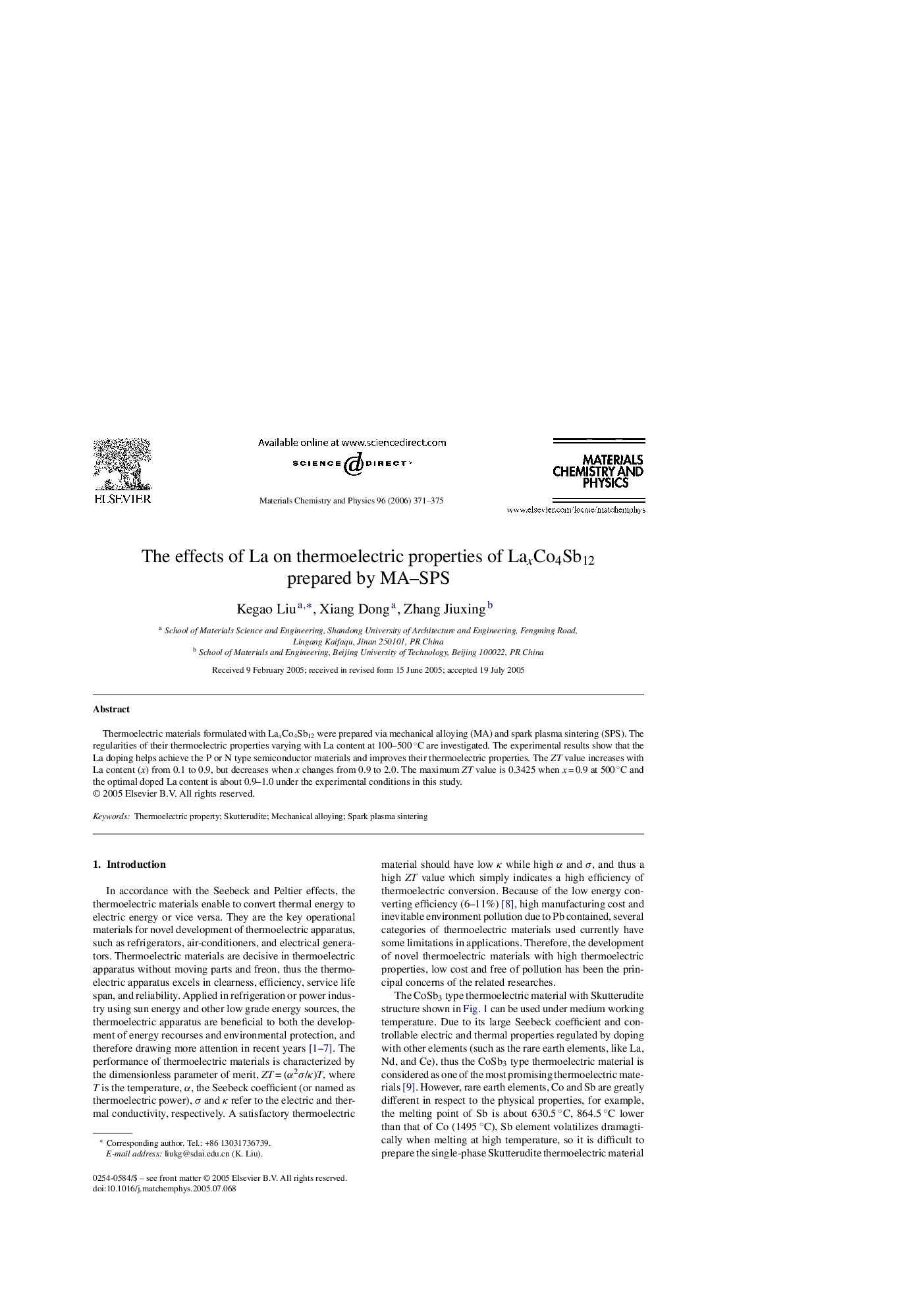 The effects of La on thermoelectric properties of LaxCo4Sb12 prepared by MA–SPS