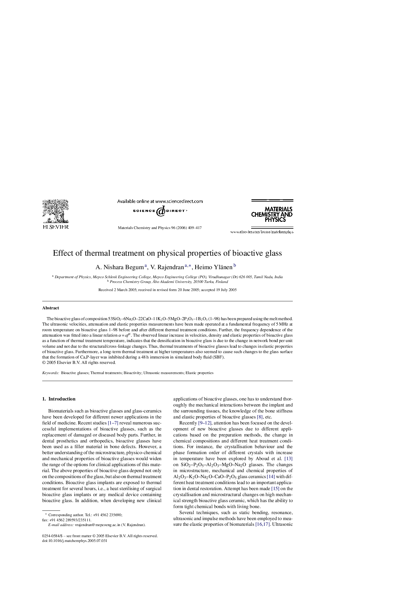 Effect of thermal treatment on physical properties of bioactive glass