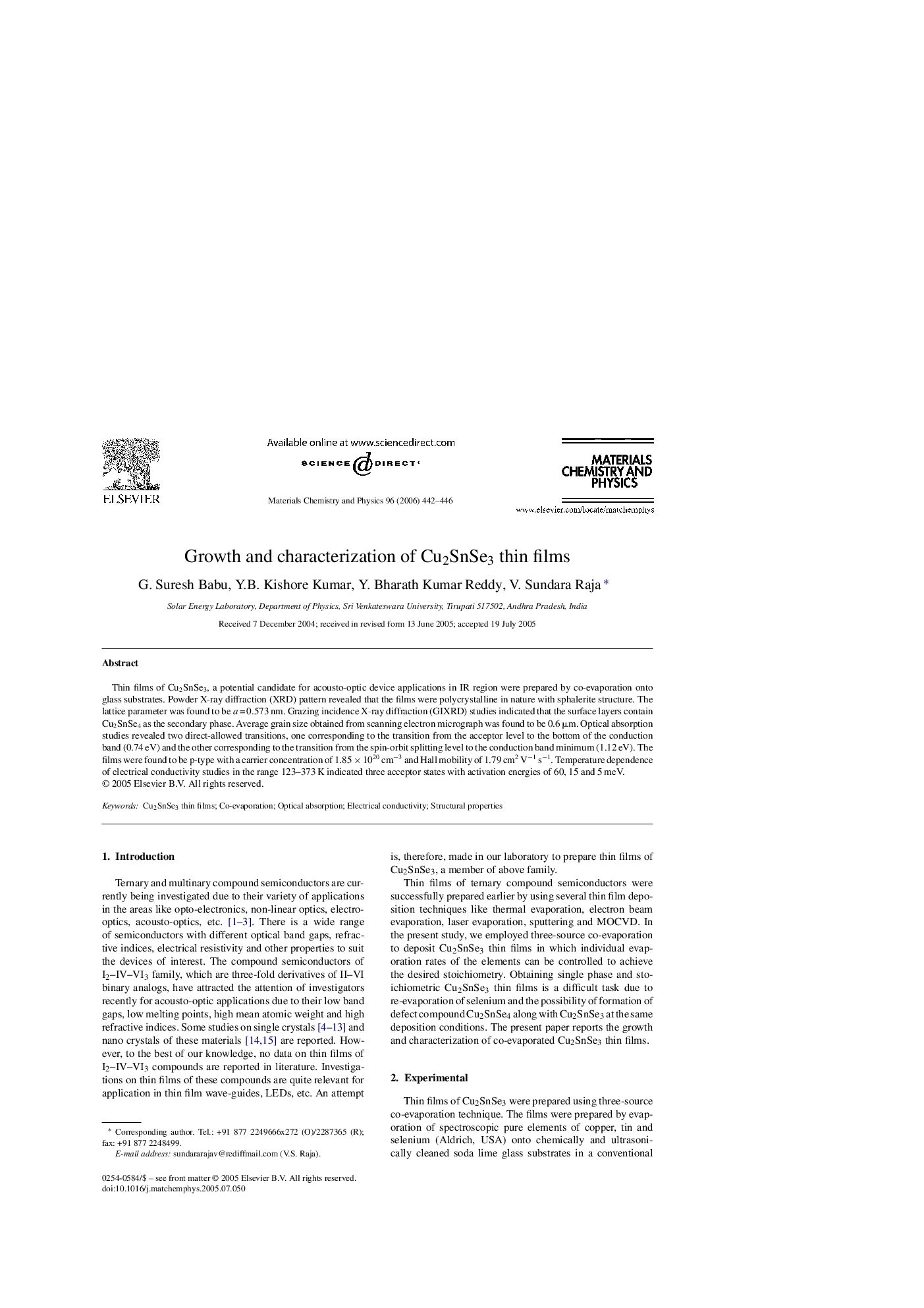 Growth and characterization of Cu2SnSe3 thin films