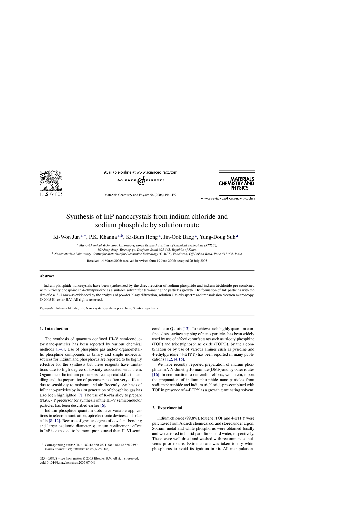 Synthesis of InP nanocrystals from indium chloride and sodium phosphide by solution route