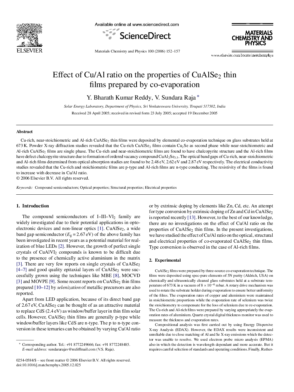 Effect of Cu/Al ratio on the properties of CuAlSe2 thin films prepared by co-evaporation