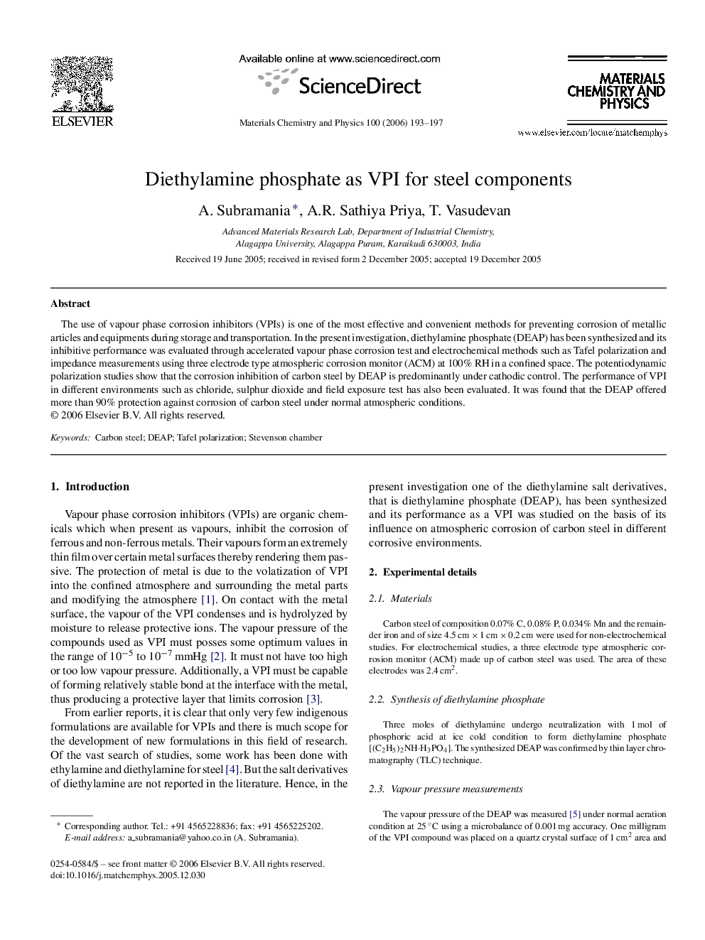 Diethylamine phosphate as VPI for steel components