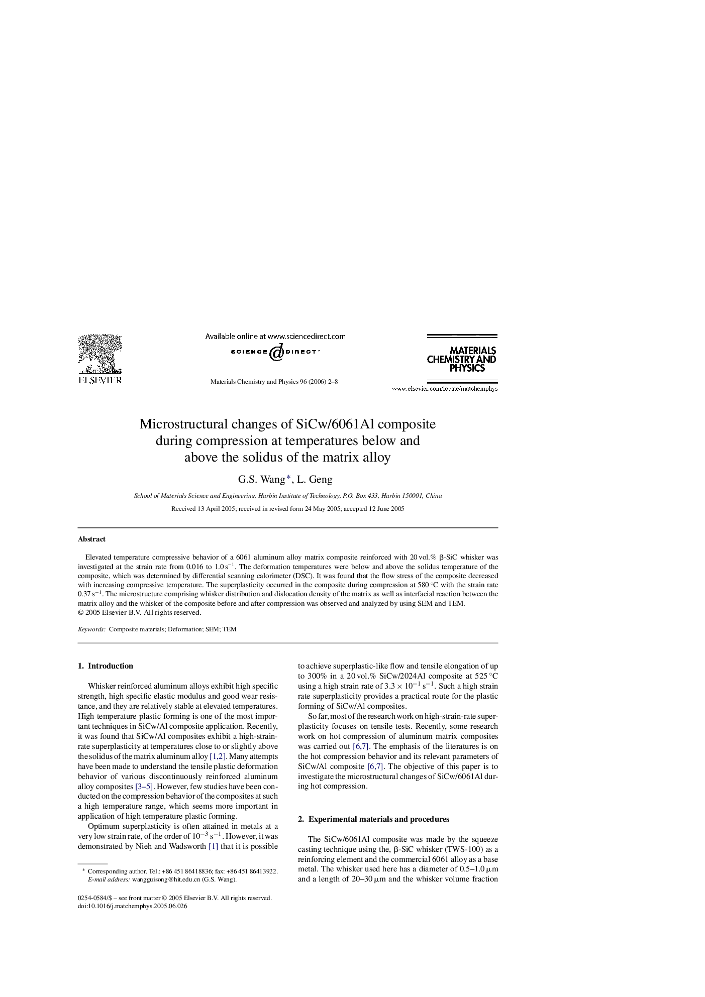 Microstructural changes of SiCw/6061Al composite during compression at temperatures below and above the solidus of the matrix alloy