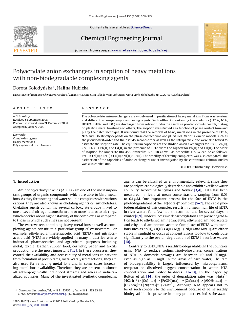 عکس صفحه اول مقاله: Polyacrylate anion exchangers in sorption of heavy metal ions with non-biodegradable complexing agents Polyacrylate anion exchangers in sorption of heavy metal ions with non-biodegradable complexing agents
