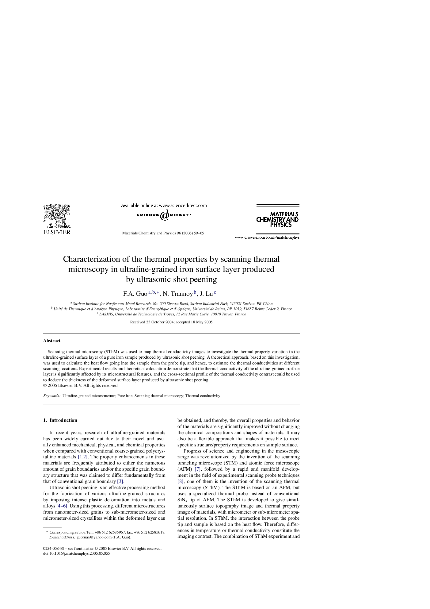 Characterization of the thermal properties by scanning thermal microscopy in ultrafine-grained iron surface layer produced by ultrasonic shot peening