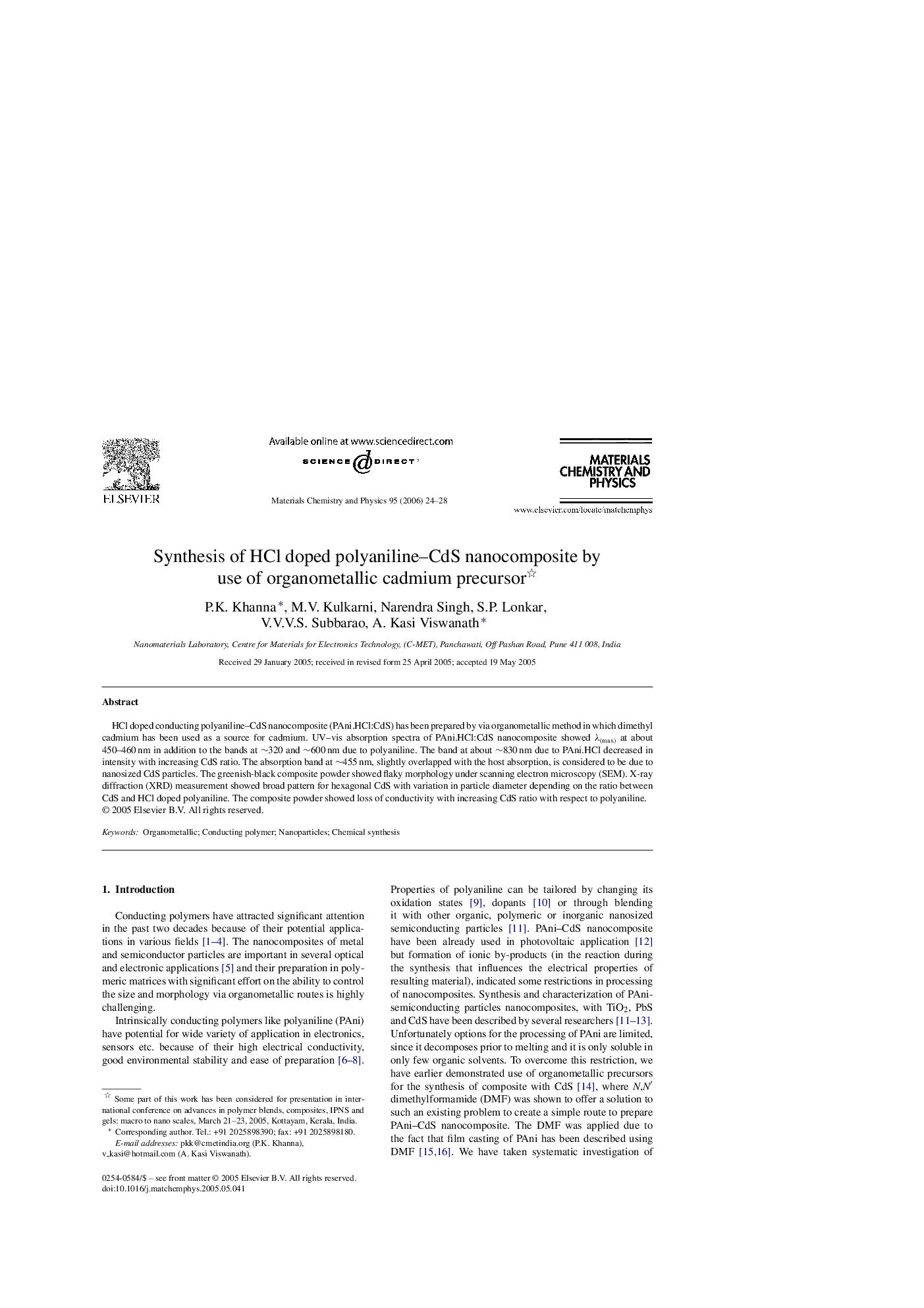 Synthesis of HCl doped polyaniline–CdS nanocomposite by use of organometallic cadmium precursor 