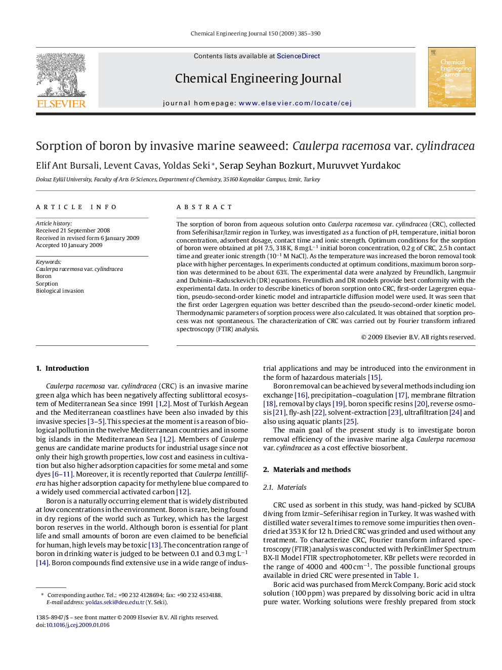 Sorption of boron by invasive marine seaweed: Caulerpa racemosa var. cylindracea