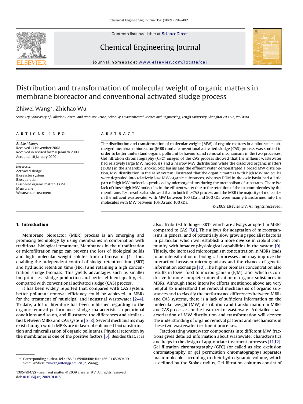 Distribution and transformation of molecular weight of organic matters in membrane bioreactor and conventional activated sludge process