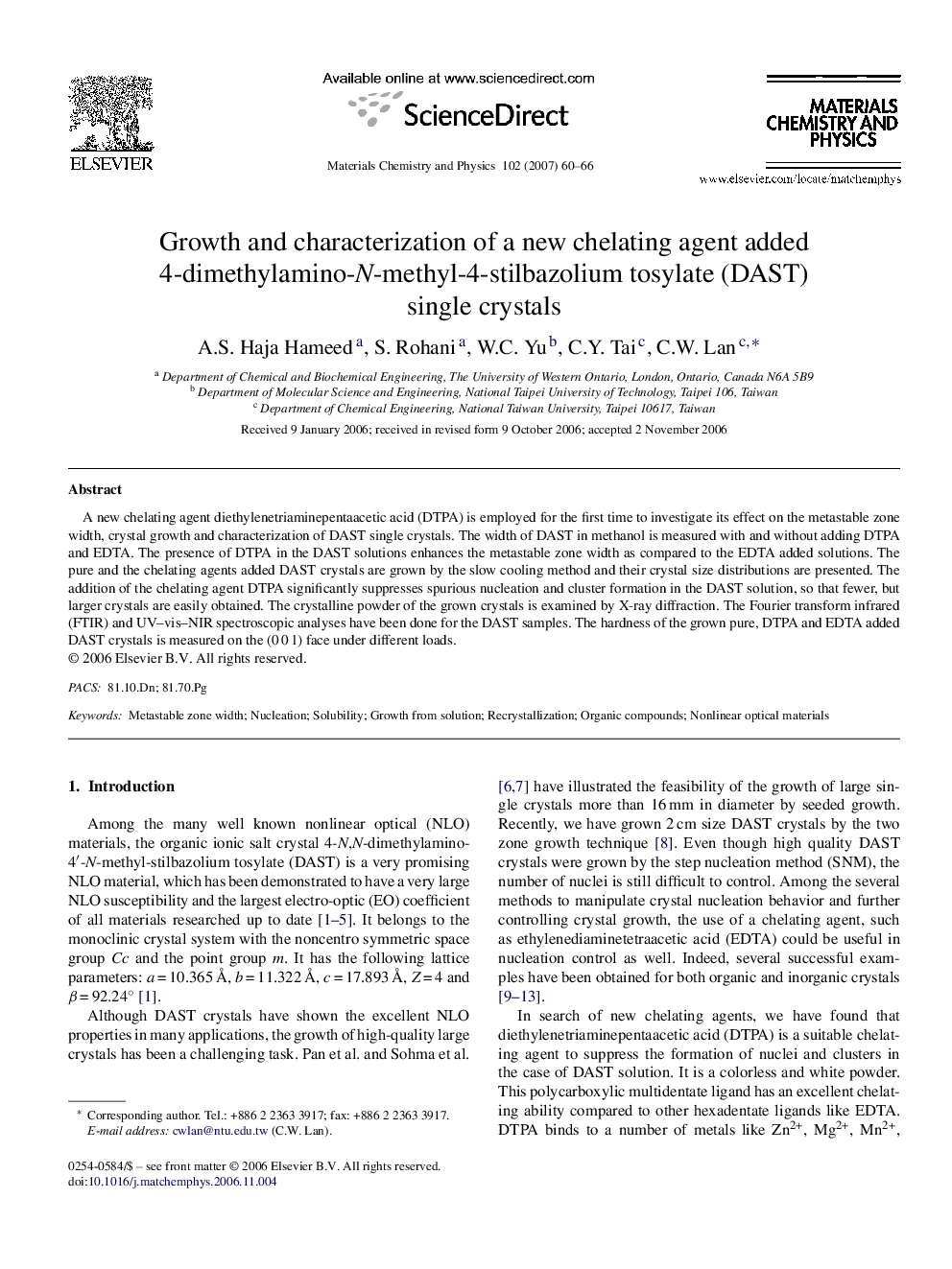 Growth and characterization of a new chelating agent added 4-dimethylamino-N-methyl-4-stilbazolium tosylate (DAST) single crystals