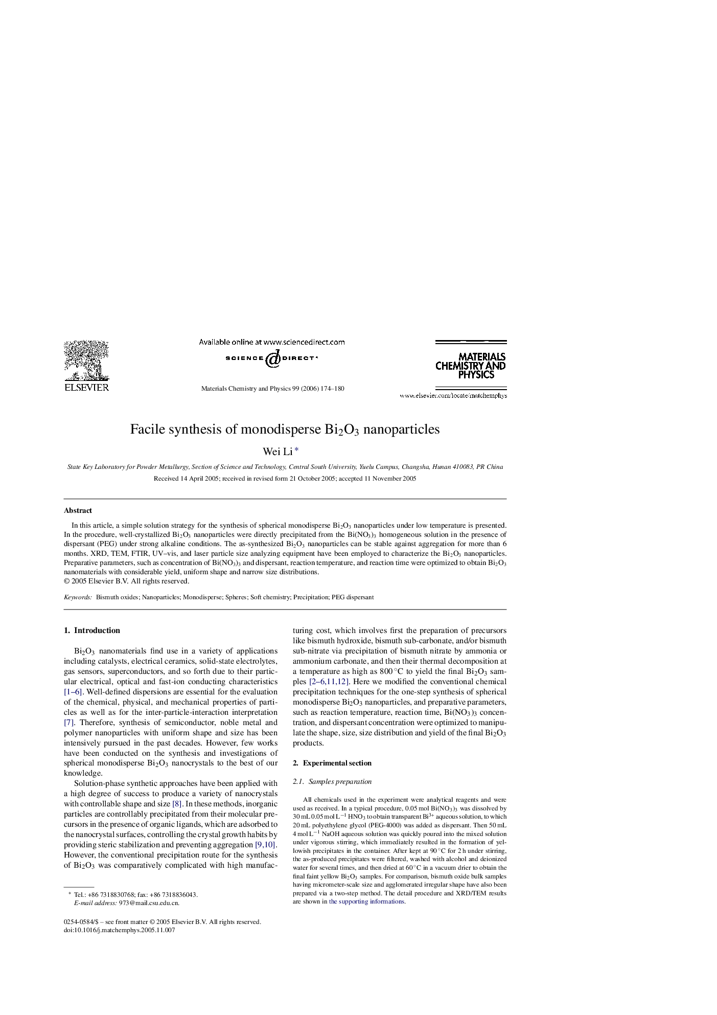 Facile synthesis of monodisperse Bi2O3 nanoparticles