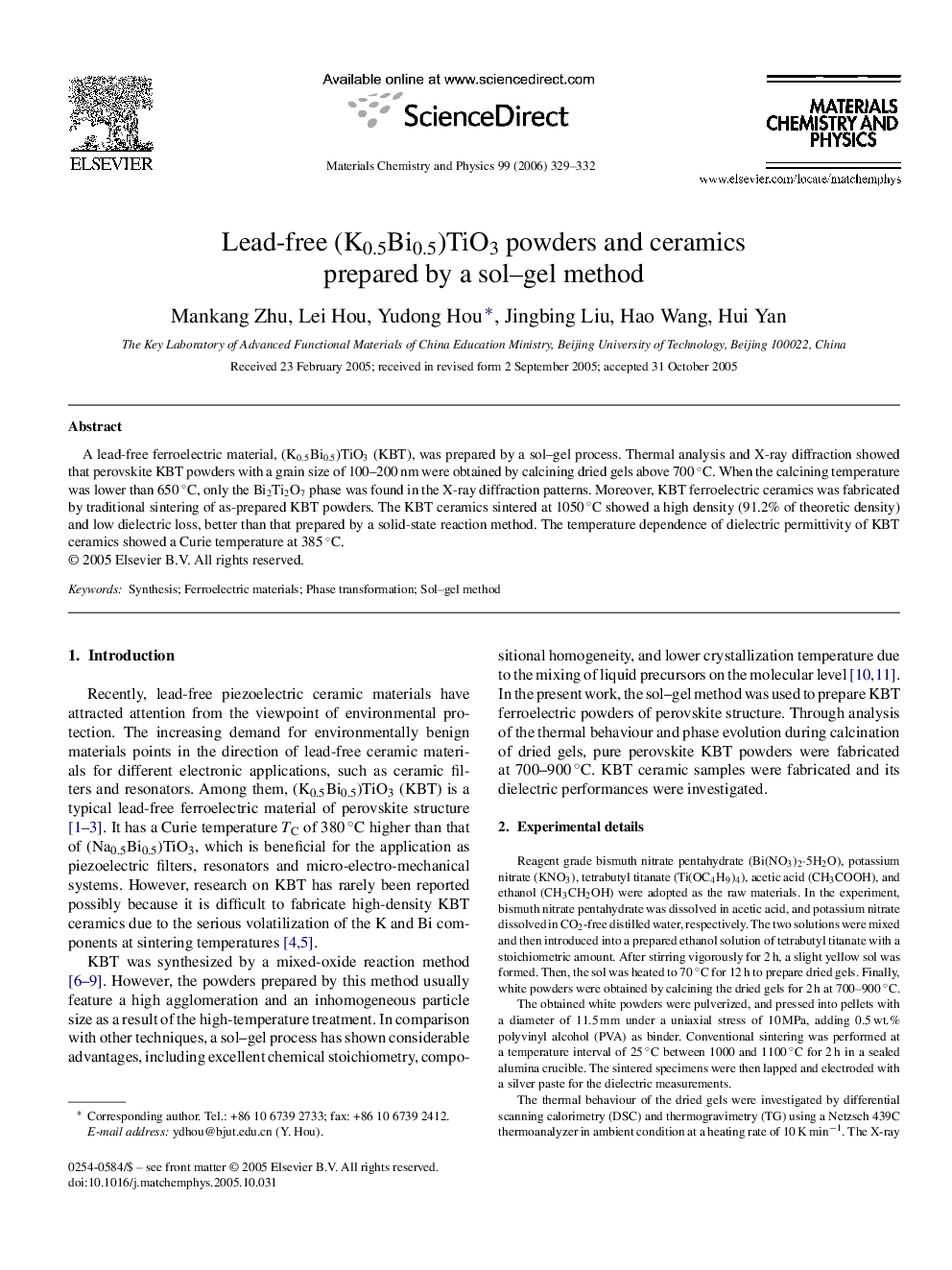 Lead-free (K0.5Bi0.5)TiO3 powders and ceramics prepared by a sol–gel method