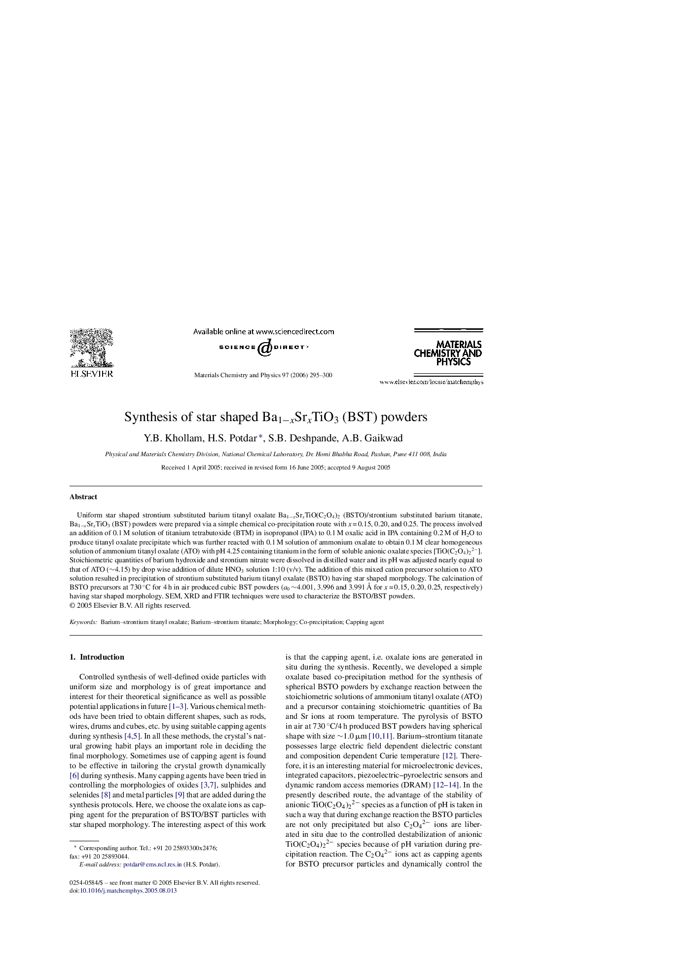 Synthesis of star shaped Ba1−xSrxTiO3 (BST) powders