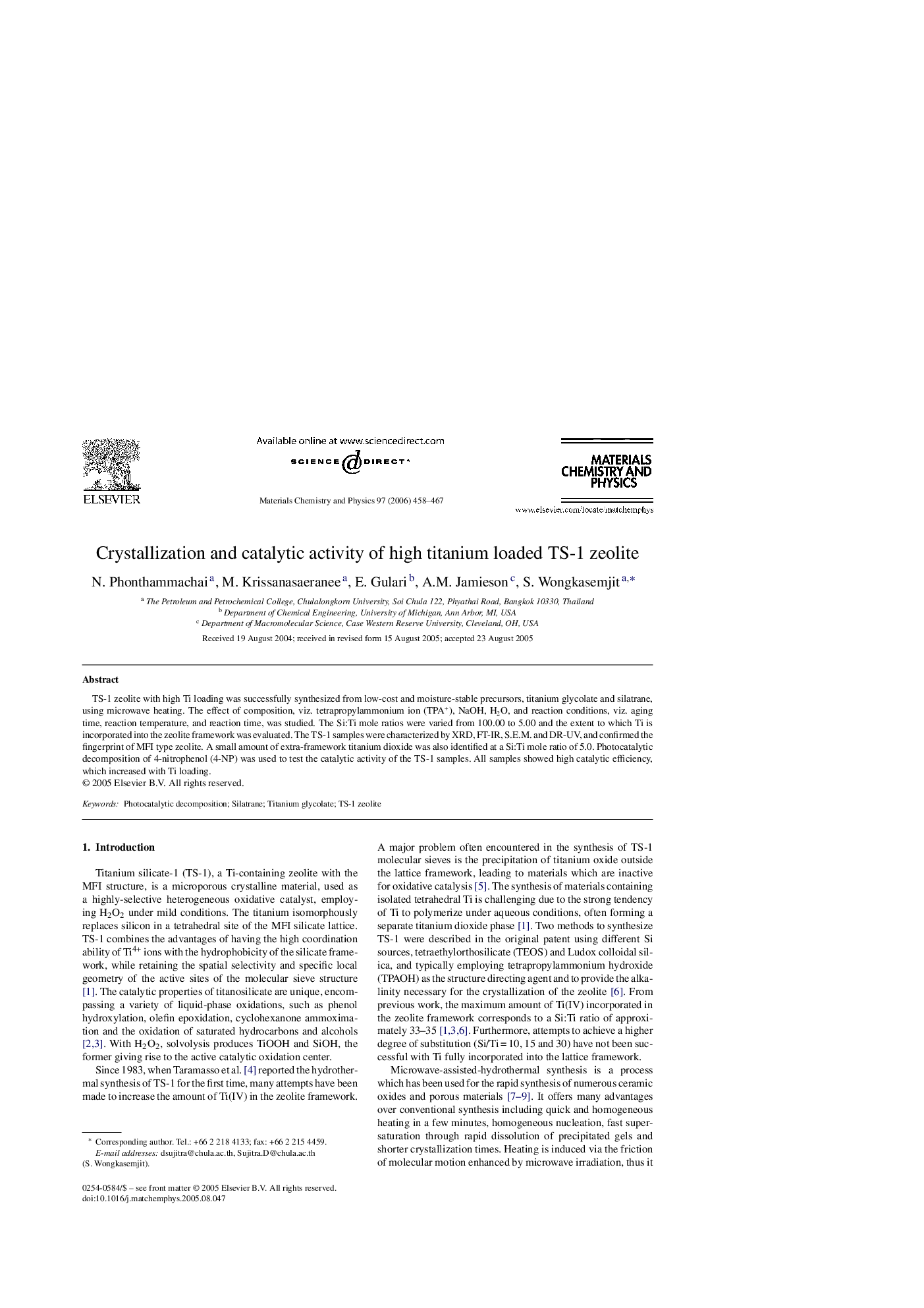 Crystallization and catalytic activity of high titanium loaded TS-1 zeolite