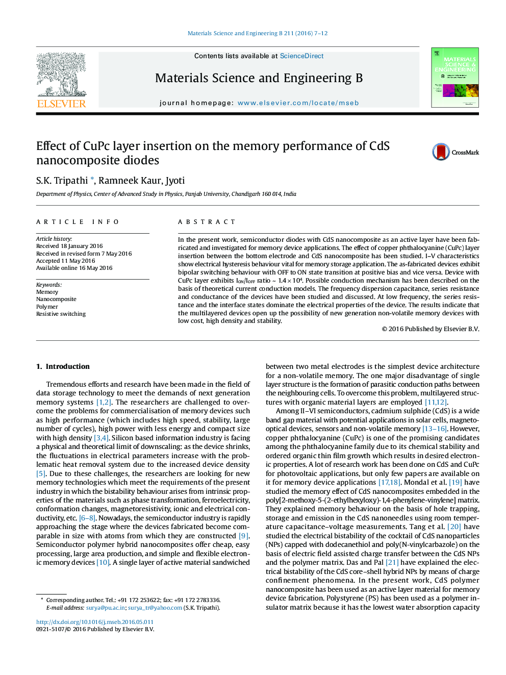 Effect of CuPc layer insertion on the memory performance of CdS nanocomposite diodes