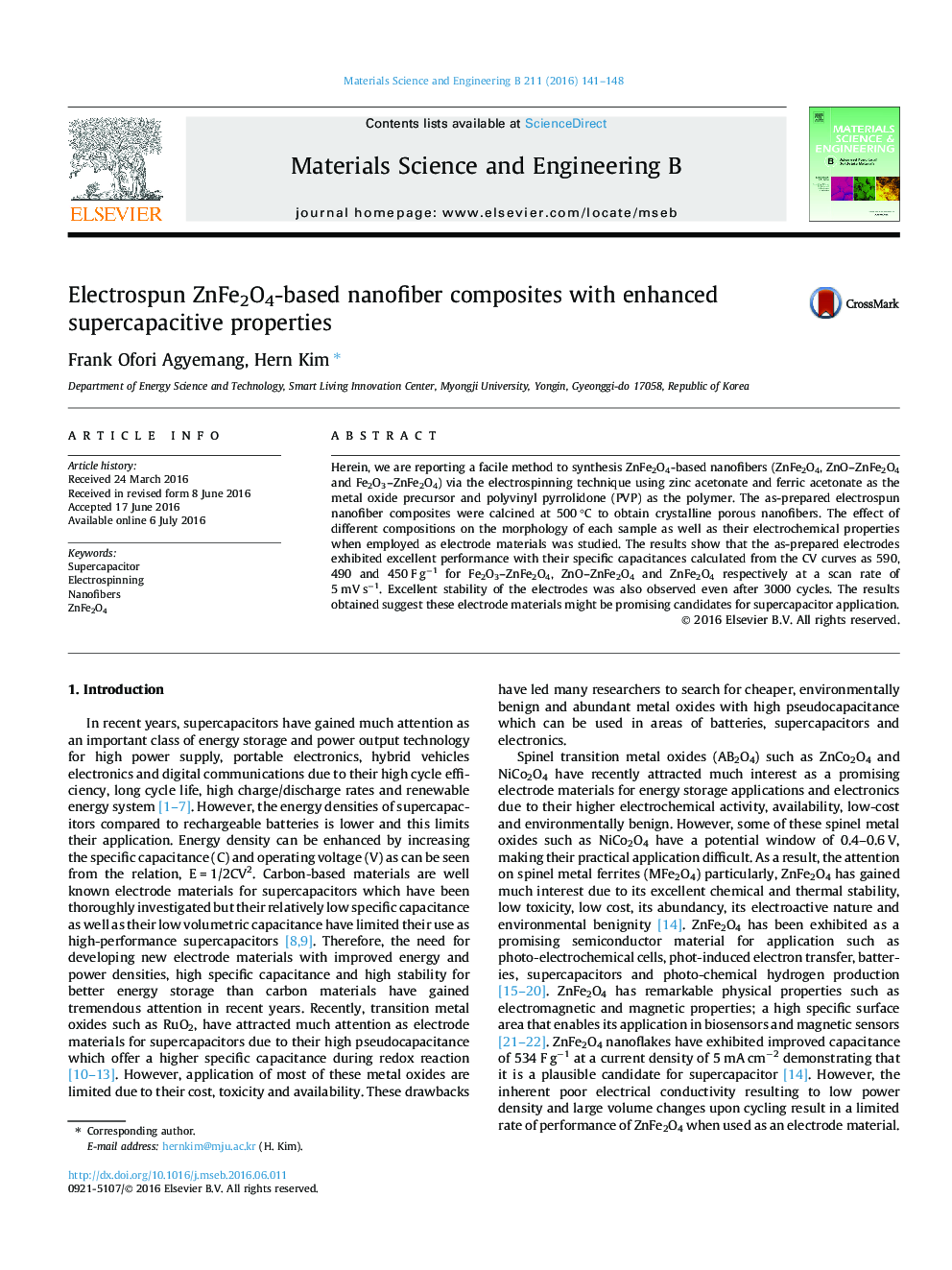 Electrospun ZnFe2O4-based nanofiber composites with enhanced supercapacitive properties