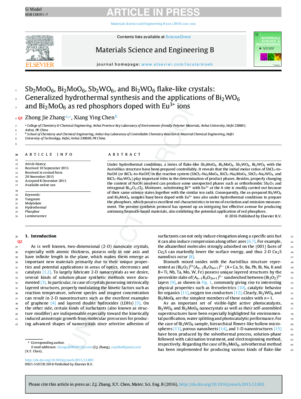 Sb2MoO6, Bi2MoO6, Sb2WO6, and Bi2WO6 flake-like crystals: Generalized hydrothermal synthesis and the applications of Bi2WO6 and Bi2MoO6 as red phosphors doped with Eu3+ ions