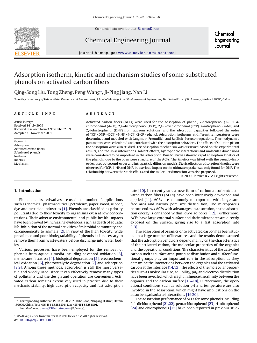 Adsorption isotherm, kinetic and mechanism studies of some substituted phenols on activated carbon fibers