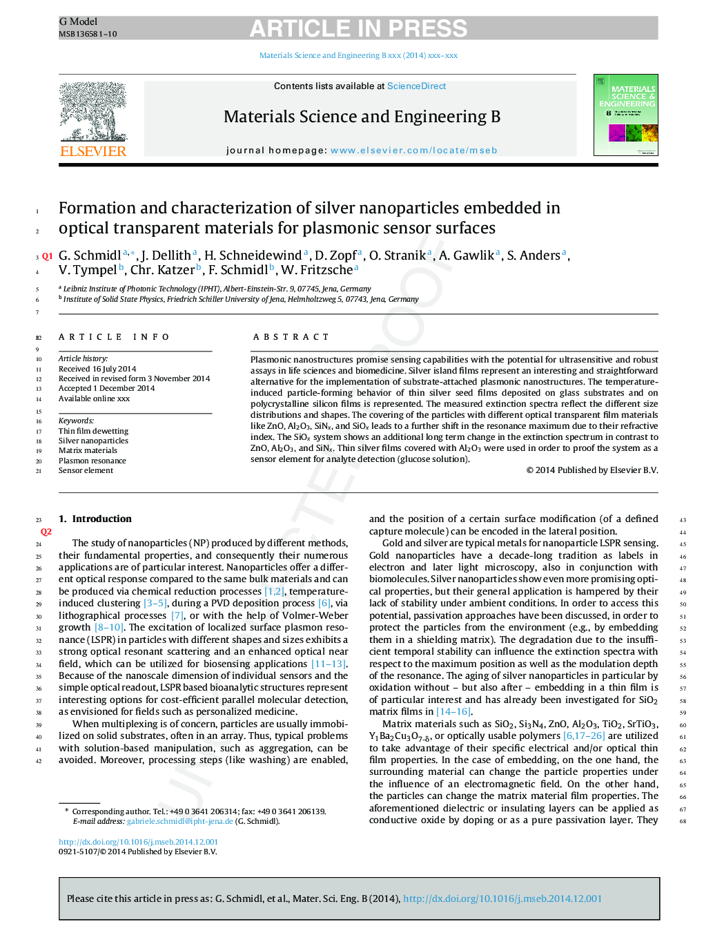 Formation and characterization of silver nanoparticles embedded in optical transparent materials for plasmonic sensor surfaces