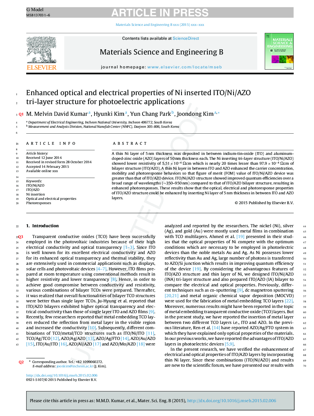 Enhanced optical and electrical properties of Ni inserted ITO/Ni/AZO tri-layer structure for photoelectric applications