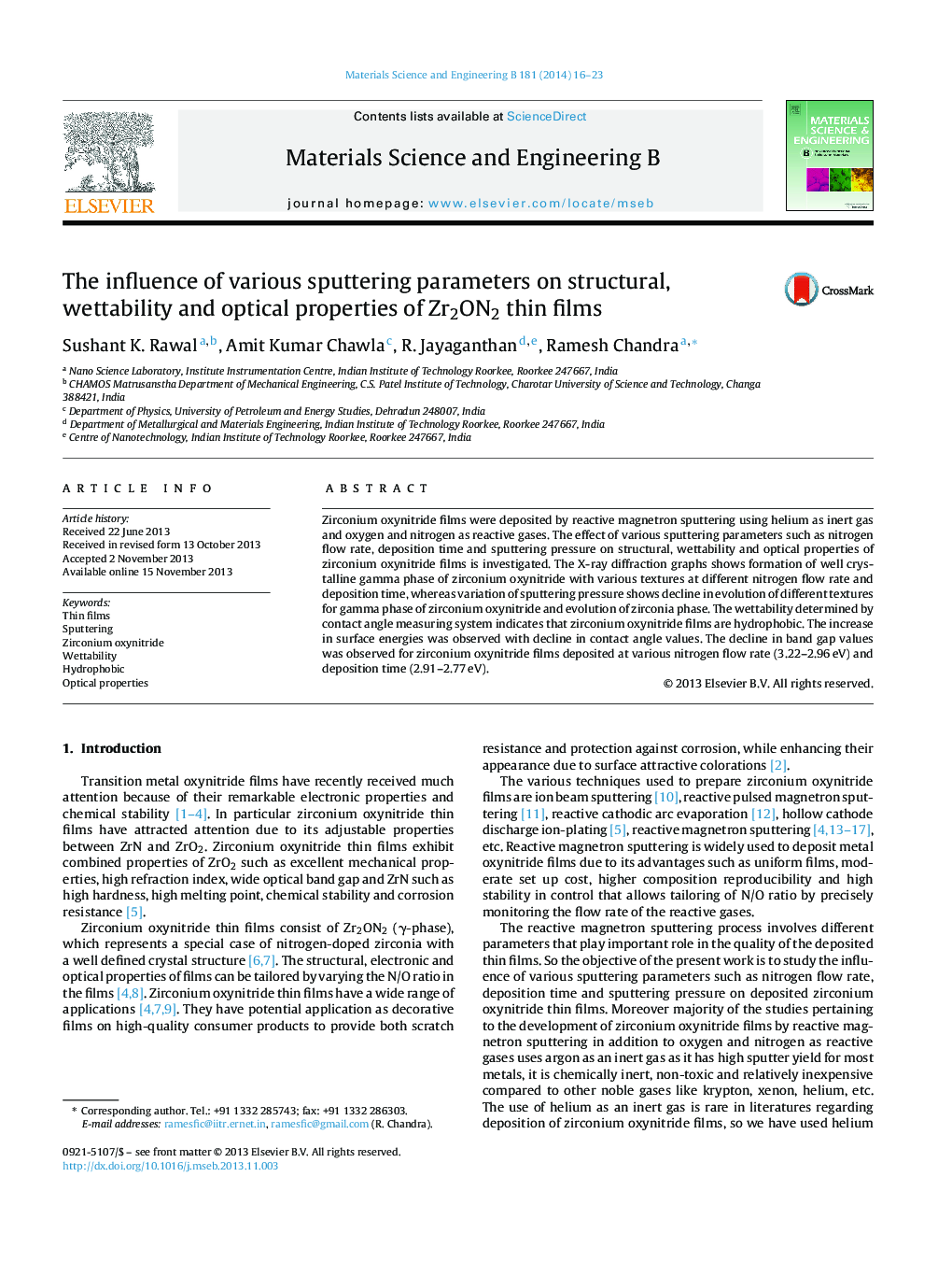 The influence of various sputtering parameters on structural, wettability and optical properties of Zr2ON2 thin films