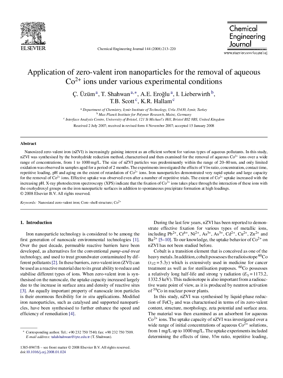 Application of zero-valent iron nanoparticles for the removal of aqueous Co2+ ions under various experimental conditions