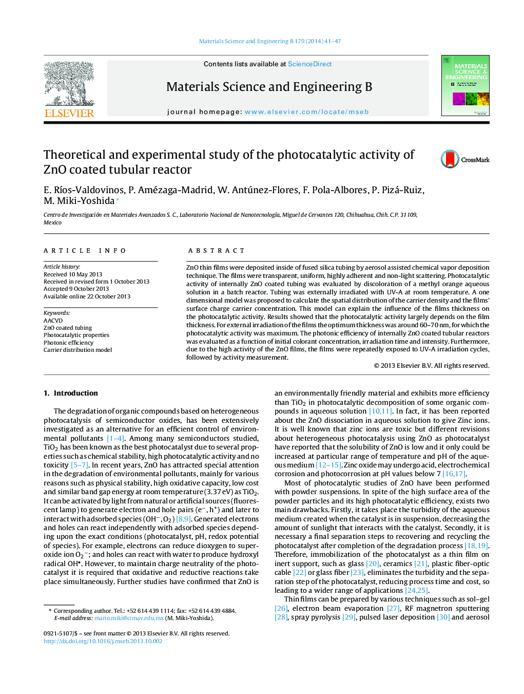 Theoretical and experimental study of the photocatalytic activity of ZnO coated tubular reactor