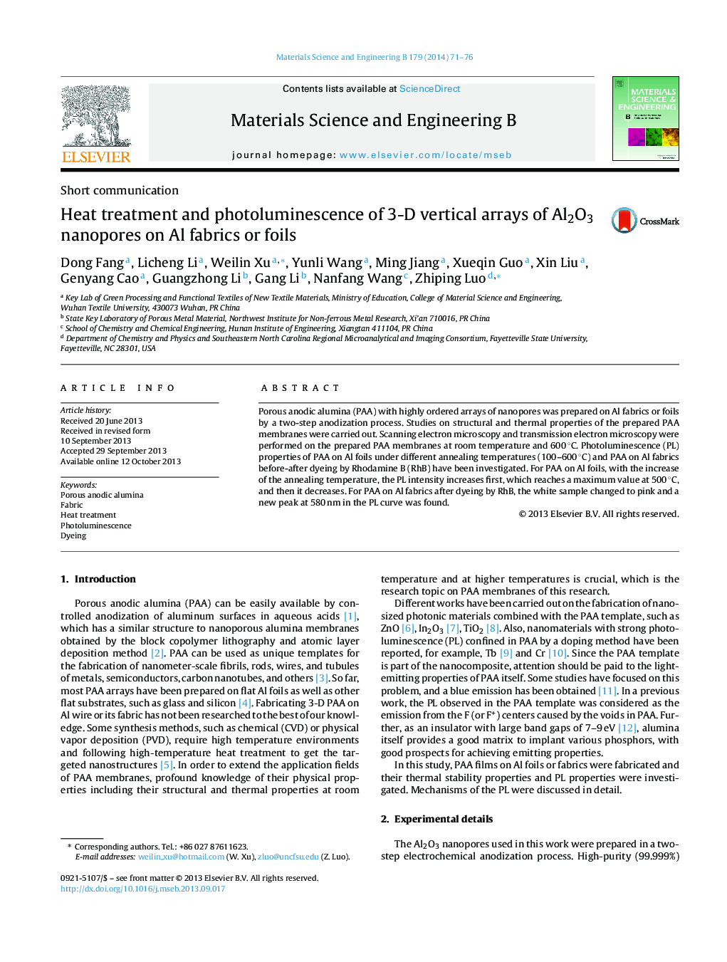 عکس صفحه اول مقاله: Heat treatment and photoluminescence of 3-D vertical arrays of Al2O3 nanopores on Al fabrics or foils Heat treatment and photoluminescence of 3-D vertical arrays of Al2O3 nanopores on Al fabrics or foils