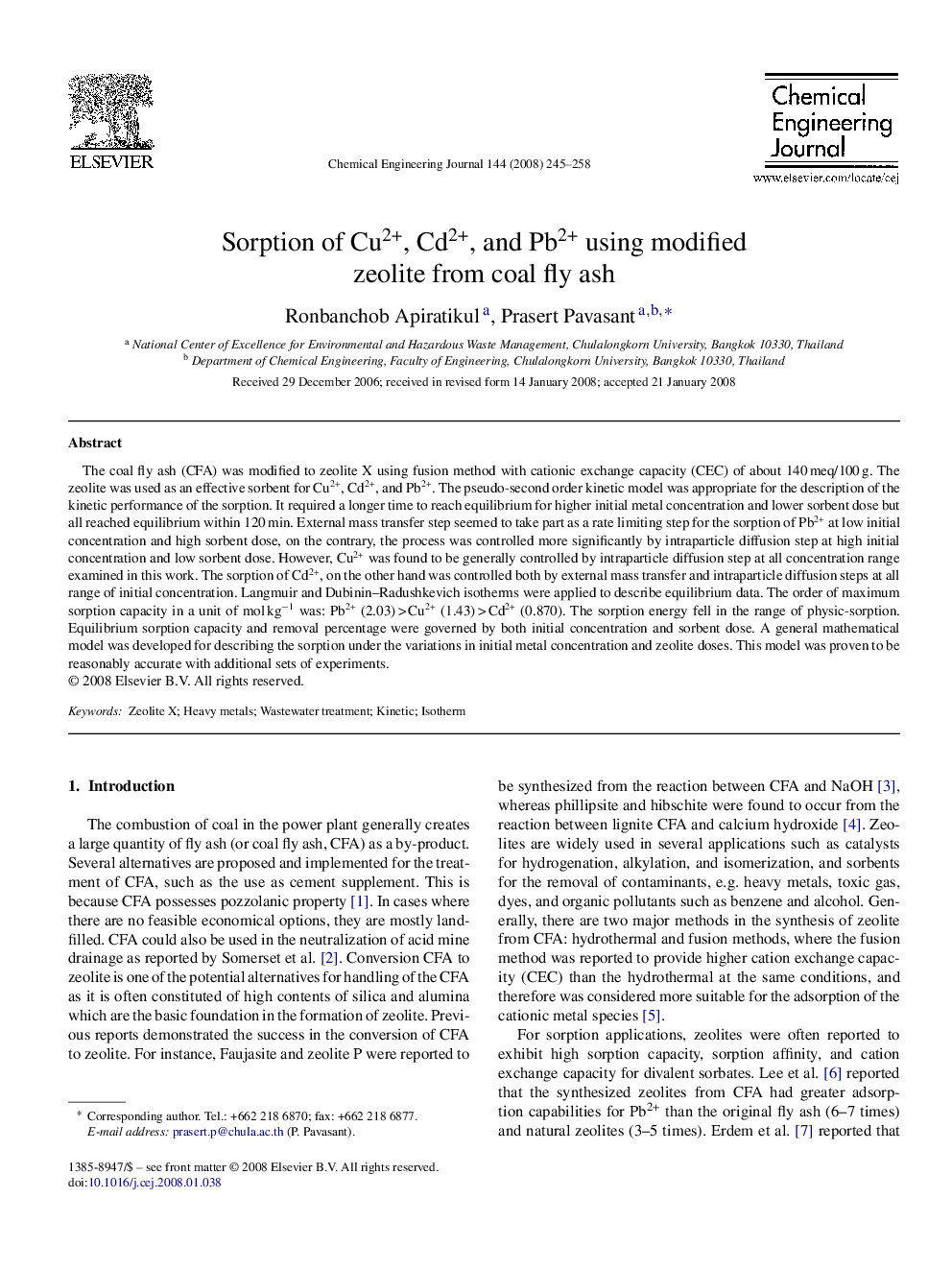 Sorption of Cu2+, Cd2+, and Pb2+ using modified zeolite from coal fly ash