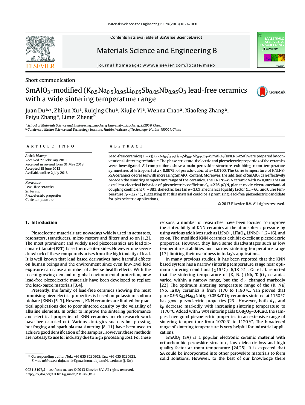 SmAlO3-modified (K0.5Na0.5)0.95Li0.05Sb0.05Nb0.95O3 lead-free ceramics with a wide sintering temperature range