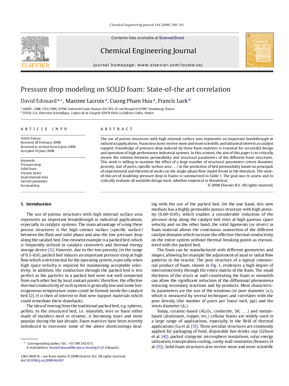 Pressure drop modeling on SOLID foam: State-of-the art correlation