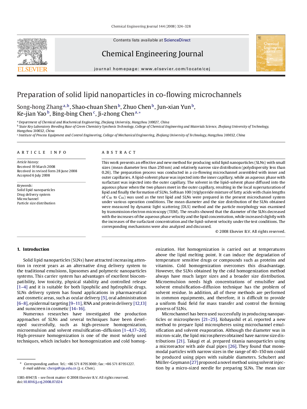 Preparation of solid lipid nanoparticles in co-flowing microchannels