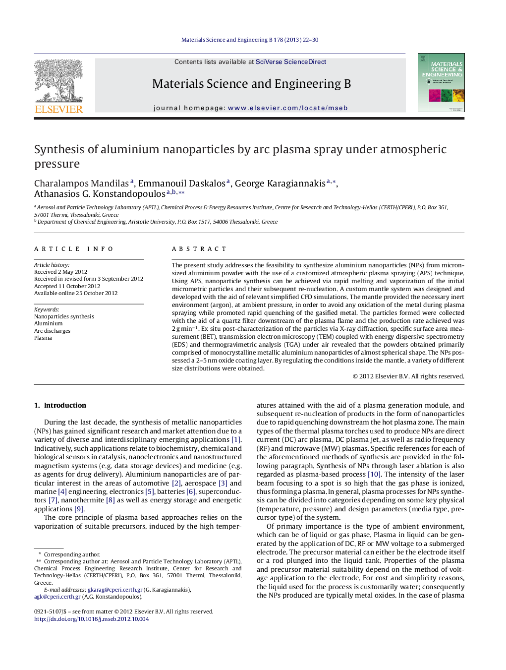 Synthesis of aluminium nanoparticles by arc plasma spray under atmospheric pressure