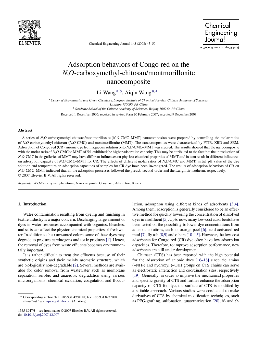 عکس صفحه اول مقاله: Adsorption behaviors of Congo red on the N,O-carboxymethyl-chitosan/montmorillonite nanocomposite Adsorption behaviors of Congo red on the N,O-carboxymethyl-chitosan/montmorillonite nanocomposite