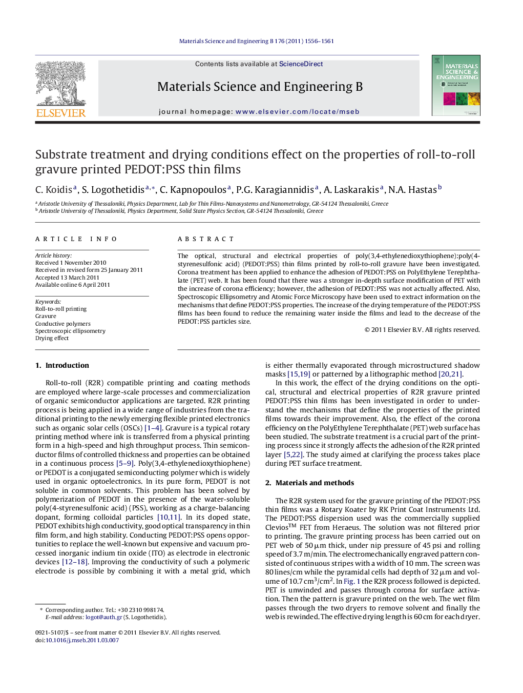 Substrate treatment and drying conditions effect on the properties of roll-to-roll gravure printed PEDOT:PSS thin films