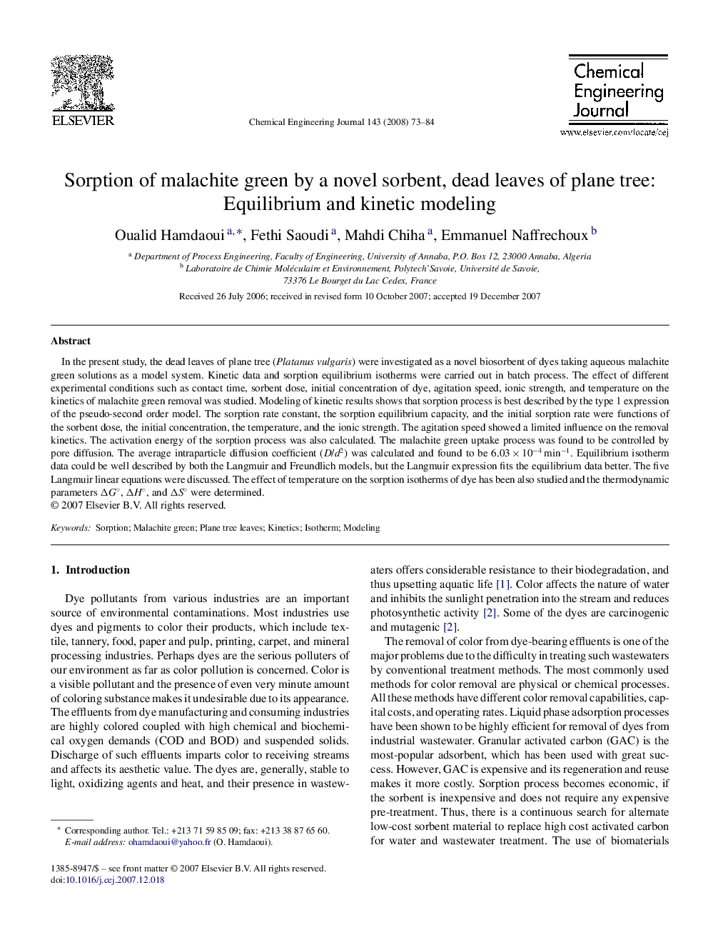 Sorption of malachite green by a novel sorbent, dead leaves of plane tree: Equilibrium and kinetic modeling