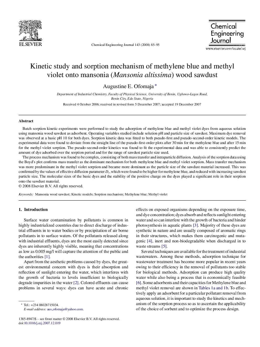 Kinetic study and sorption mechanism of methylene blue and methyl violet onto mansonia (Mansonia altissima) wood sawdust