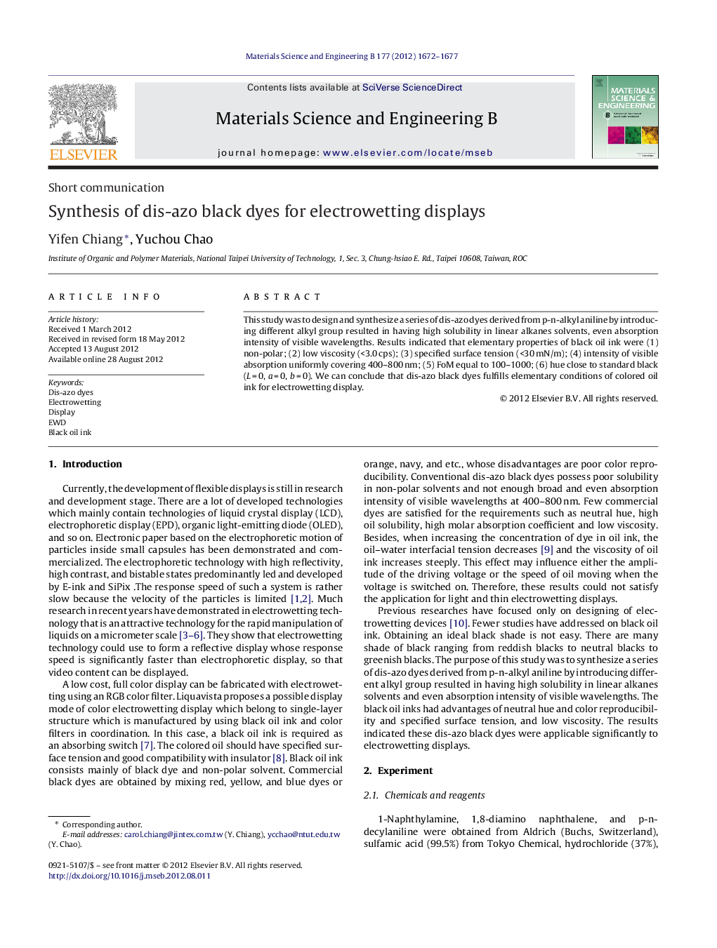 Synthesis of dis-azo black dyes for electrowetting displays