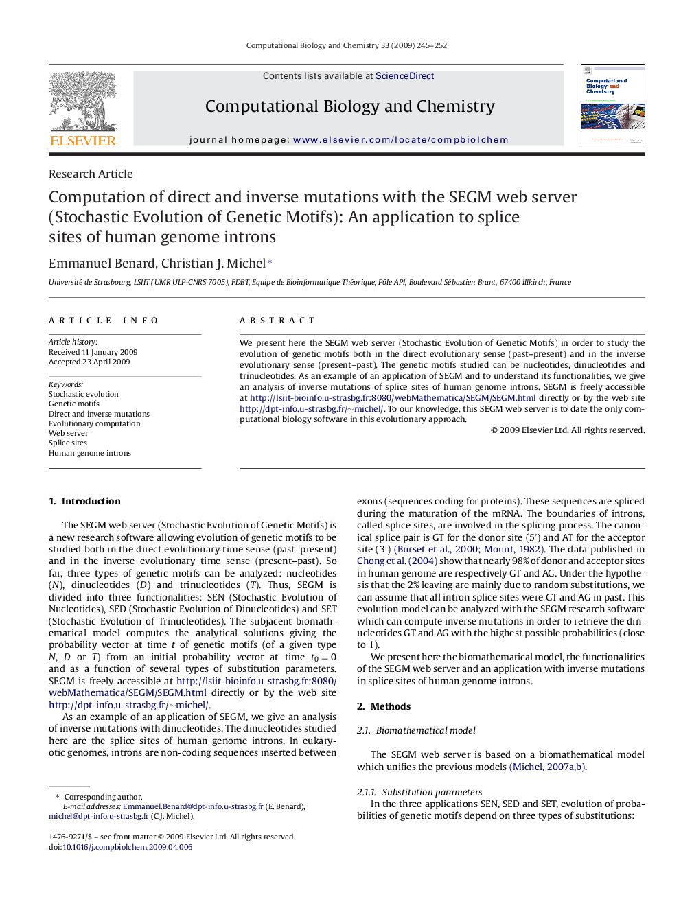 Computation of direct and inverse mutations with the SEGM web server (Stochastic Evolution of Genetic Motifs): An application to splice sites of human genome introns